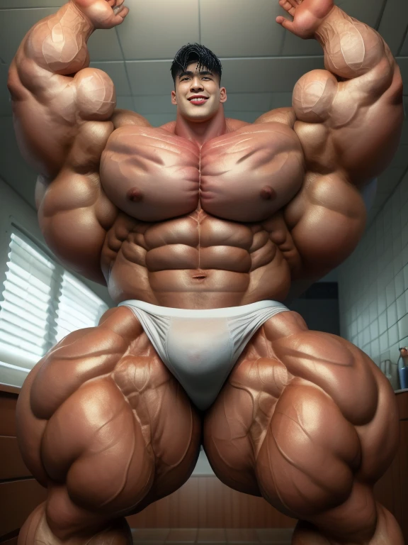 1 asian boy, giant, undercut black haircut, model shoot style, indoor, at the large white bathroom, strong body, bulk, armpit, naked, wear white triangular underwear, bulge, big, brutalmass, giant, muscular body, bulk, massive body, large meaty body size, brown veiny skin, big arms, ballooning meaty pecs, big butt. wet, water shower, UHD, Realistic, intricate detail