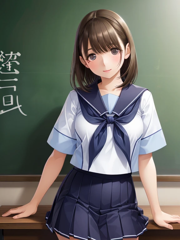 (highest quality:1.4), (super high quality:1.2), RAW Photos, (Realistic, Photorealistic:1.37), Professional photography, Cinematic Light,
One girl, alone, So beautiful, very cute, Great face and eyes,
anegasaki nene、Shiny brown hair, short hair, Beautiful brown eyes、Dazzling Smile:1.5、Sparkling eyes, (Fine grain)、Ultra-detailed eyes、Highly detailed face, Highly detailed eyes,
Short-sleeved sailor suit、Navy blue mini pleated skirt、, In front of the blackboard in the classroom,