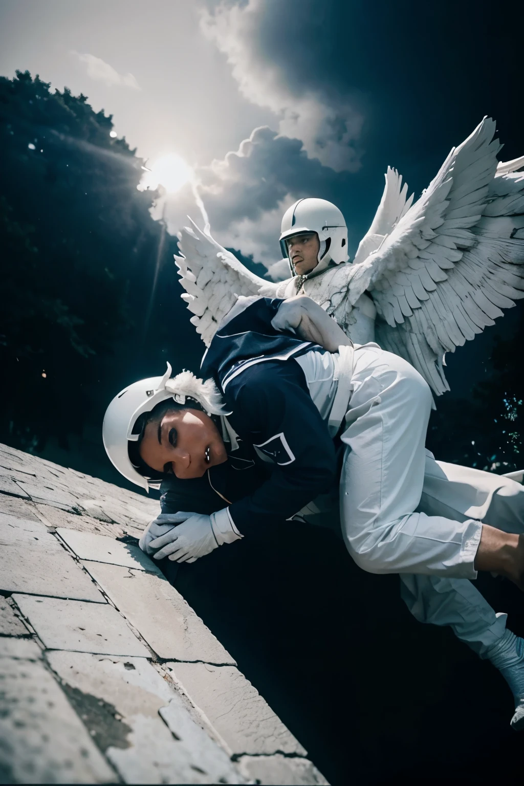 A white angel saving a man. The whole picture shows be black in colour or dark blue