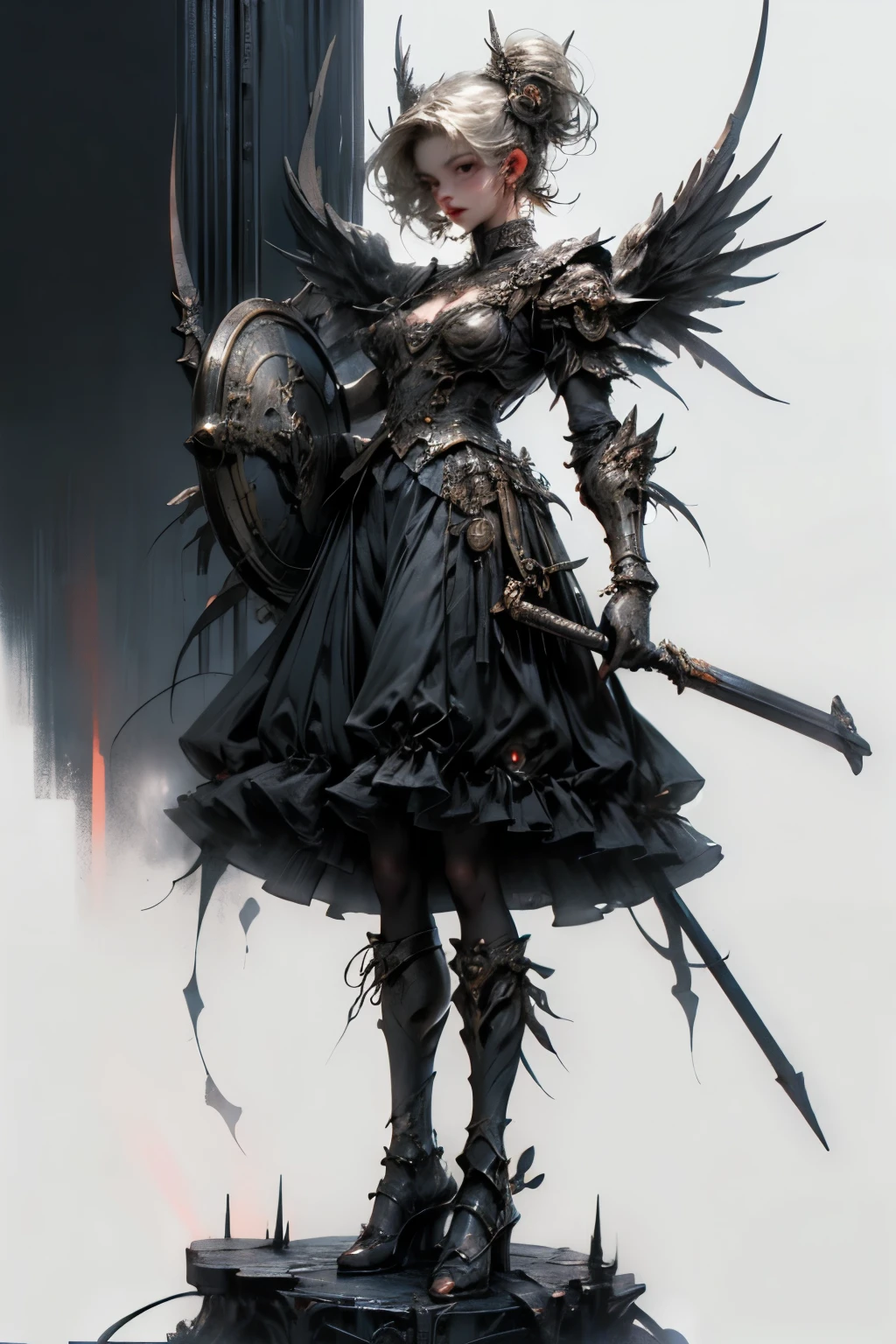 ((best quality)), ((masterpiece)), (detailed), perfect face ((best quality)), ((masterpiece)), (detailed), blank white background, plain background, white background, Bloodborne inspired, occult aesthetic, occult, detailed and intricate steampunk and detailed gothic, NSFW, Very dramatic and cinematic lighting, cosmic horror, grim-dark, side-lighting, perfect face, a beaituful goddess valkyrie adorned and enshrined in armour, Bloodborne inspired valkyrie, occult aesthetic valkyrie, occult valkyrie, detailed and intricate steampunk and detailed gothic valkyrie, wielding a sword and holding a shield, NSFW, Fluttering lace flared long knee length dress with frilly petticoats, knee length dress, pleated petticoats, lolita dress, petticoats gothic lolita, side-lighting, gothic lolita aesthetic, beautiful small breasts, small breasts, full body, whole body, body, plain background, white background, blank background, no background, white background NSFW, full body, whole body, head-to-toe