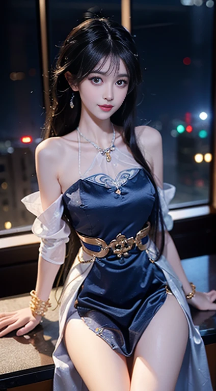 yinziping,cheongsam,((whole body)), ((Shot from random angles)), ((Sitting)), ((In class, Sitting on the podium)), (yushuxin,1 girl,Solitary), Clear face, Pretty Face, 8K, masterpiece, original photo, best quality, detail:1.2,lifelike, detail, Very detailed, CG, Unity, wallpaper, Depth of Field, light, lens flare, Ray tracing, (extremely beautiful face, Beautiful lips, beautiful eyes), complicated, detail的脸, ((ultra detailed skin)), 1 girl, in the darkness, Deep Shadows, Beautiful korean girl, Korean Idol,(Very slim figure:1.3), Full breasts, Large Breasts, Slender sexy legs, Very beautiful legs, Elegant Posture, (A big smile), (City night, (Neon), (night), Beautiful korean girl, White Diamond Earrings, diameter bracelet, Deya Necklace, Clear eyes, (big eyes)