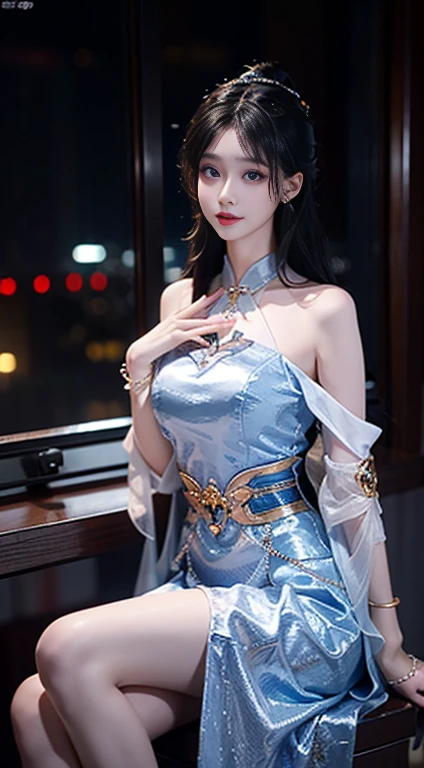 yinziping,cheongsam,((whole body)), ((Shot from random angles)), ((Sitting)), ((In class, Sitting on the podium)), (yushuxin,1 girl,Solitary), Clear face, Pretty Face, 8K, masterpiece, original photo, best quality, detail:1.2,lifelike, detail, Very detailed, CG, Unity, wallpaper, Depth of Field, light, lens flare, Ray tracing, (extremely beautiful face, Beautiful lips, beautiful eyes), complicated, detail的脸, ((ultra detailed skin)), 1 girl, in the darkness, Deep Shadows, Beautiful korean girl, Korean Idol,(Very slim figure:1.3), Full breasts, Large Breasts, Slender sexy legs, Very beautiful legs, Elegant Posture, (A big smile), (City night, (Neon), (night), Beautiful korean girl, White Diamond Earrings, diameter bracelet, Deya Necklace, Clear eyes, (big eyes)