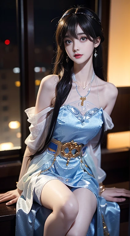 yinziping,cheongsam,((whole body)), ((Shot from random angles)), ((Sitting)), ((In class, Sitting on the podium)), (yushuxin,1 girl,Solitary), Clear face, Pretty Face, 8K, masterpiece, original photo, best quality, detail:1.2,lifelike, detail, Very detailed, CG, Unity, wallpaper, Depth of Field, light, lens flare, Ray tracing, (extremely beautiful face, Beautiful lips, beautiful eyes), complicated, detail的脸, ((ultra detailed skin)), 1 girl, in the darkness, Deep Shadows, Beautiful korean girl, Korean Idol,(Very slim figure:1.3), Full breasts, Large Breasts, Slender sexy legs, Very beautiful legs, Elegant Posture, (A big smile), (City night, (Neon), (night), Beautiful korean girl, White Diamond Earrings, diameter bracelet, Deya Necklace, Clear eyes, (big eyes)