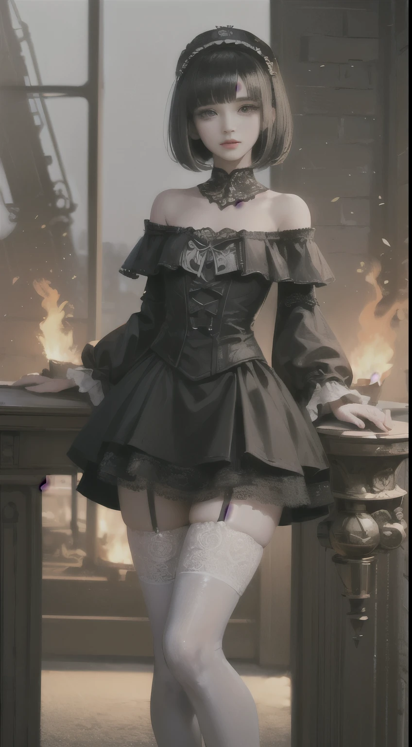 (((masterpiece, highest quality, Very detailed))), 1 female, (((Very thin body))) , (((length, Thin legs))), (((short black bob, Thick and fluffy bangs ))), (((Very detailedな顔))), Cosmetics Free, Small, thin nose, A small, thin-lipped mouth, (((Extremely sharply focused eyes))), Large slit-shaped, precise pale grey eyes, Shining like a jewel, length eyelashes, ((Highly decorative and intricate mechanical steampunk fashion, Lace Flare Mini Skirt, Above-the-knee lace stockings, Lace Off Shoulder Lolita Fashion, Overly decorative fashion)), The night was abandoned, Exquisitely mechanized steampunk factory catches fire and explodes, (((Overall accuracy has been dramatically improved, creating a Very detailed and realistic image))), Ultra-realistic photos.