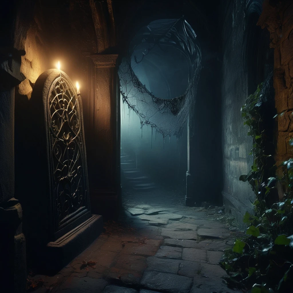 (highest quality,4K,8k,High resolution,masterpiece:1.2),Super detailed,(Realistic,photoRealistic,photo-Realistic:1.37),Dark and mysterious,Spooky atmosphere,ancient architecture,ominous lighting,Dark Shadows,Spooky atmosphere,Flickering Candle,Decaying Wall,Spider web,Heavy chain,Rustic iron gate,Reverberating footsteps,Dusty air,Dripping Water,Cracked gravestone,Mythical creatures lurking in the shadows,Dimly lit hallway,Secret Passage,A lost soul wanders,Vine plants,Ethereal Mist,Echoes of distant whispers,Ominous premonition,Spiral staircase leading down,hermetic space,Eerie silence,Gothic details,Anxious mood,black magic,Occult symbols.