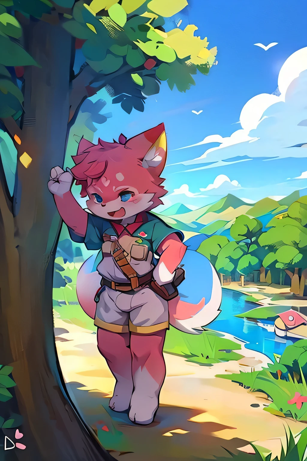 Pink fur, Canine, fox motif, boy, uniform,fly in the sky,Laughter,Rural landscape,
