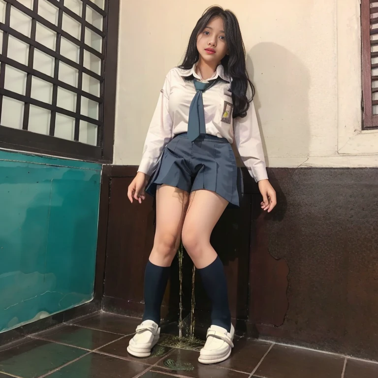 A teen girl with Indonesia face, approximately 16 years old. The girl can be seen in the process of peeing. Standing. Wet patch. Incontinence (urination:1.5) (peeing in skirt)