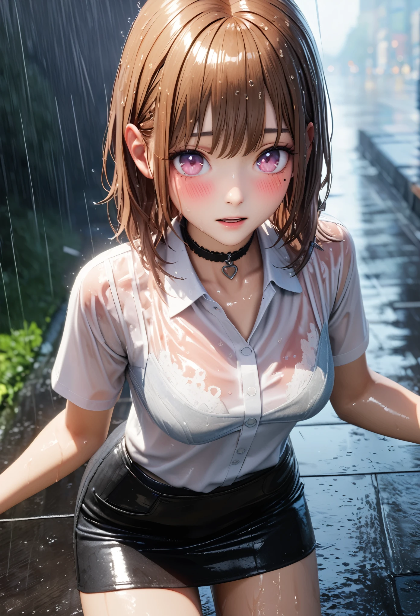 masterpiece, best quality, highly detailed, high resolution, expensive resolution, high resolution, 4K, 8k, Unity 8k wallpaper, highly detailed CG, masterpiece, 2D, 3D, beautiful details, depth, fine texture, best quality: 1.3, perfect focus, clear skin, him, rain, wet, wet clothes: 1.2
Very cute anime girl, (bra visible through white blouse wet with pouring rain, miniskirt), large breasts, expensive brown hair, one girl, rain, (raindrops dripping from wet hair, bra visible through thin blouse wet with rain, miniskirt), mole under eye, looking at viewer, expensive, blush, mole, open lips, heart, pink eyes, choker, white transparent bra