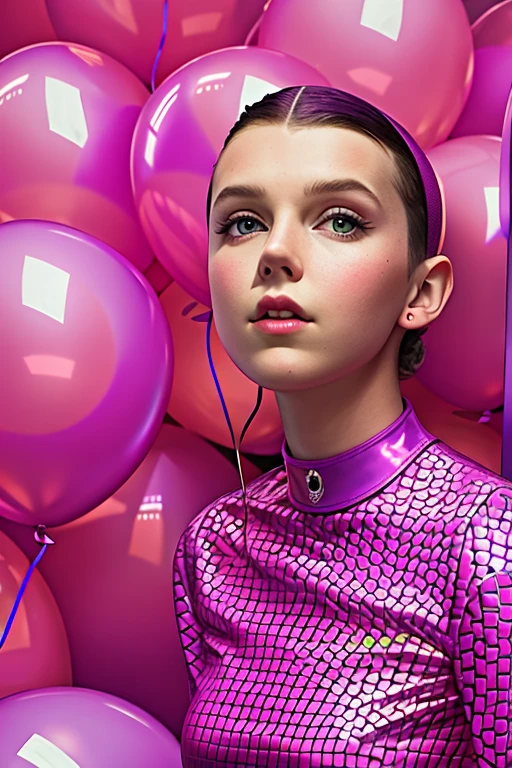 Millie Bobbie Brown sieht aus wie, in rosa Latex gekleidet, surrounded by large purple and pink balloons