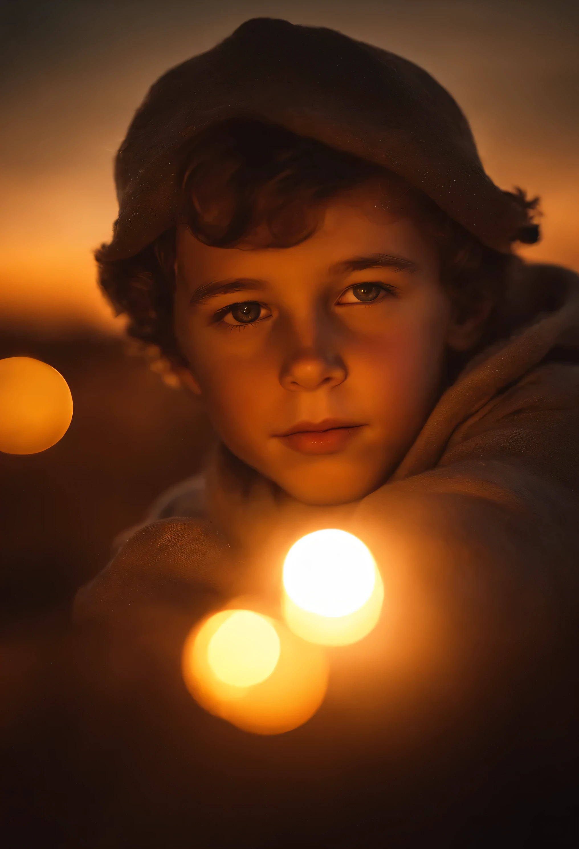 masterpiece, best quality, movie still, 1boy, cloud boy, floating in the sky, close-up, bright, happy, warm soft lighting, sunset, (sparks:0.7)