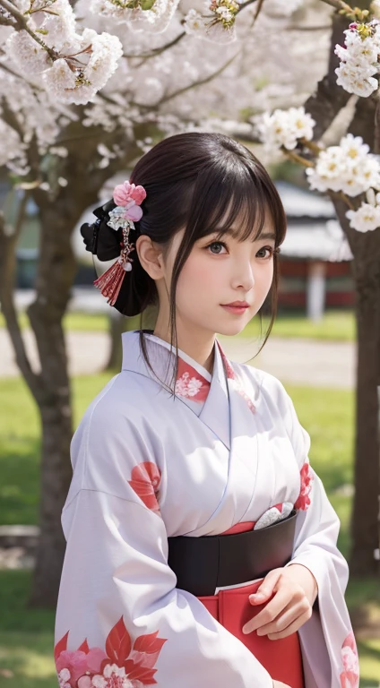 Cute kind-eyed Japan kimono under cherry tree