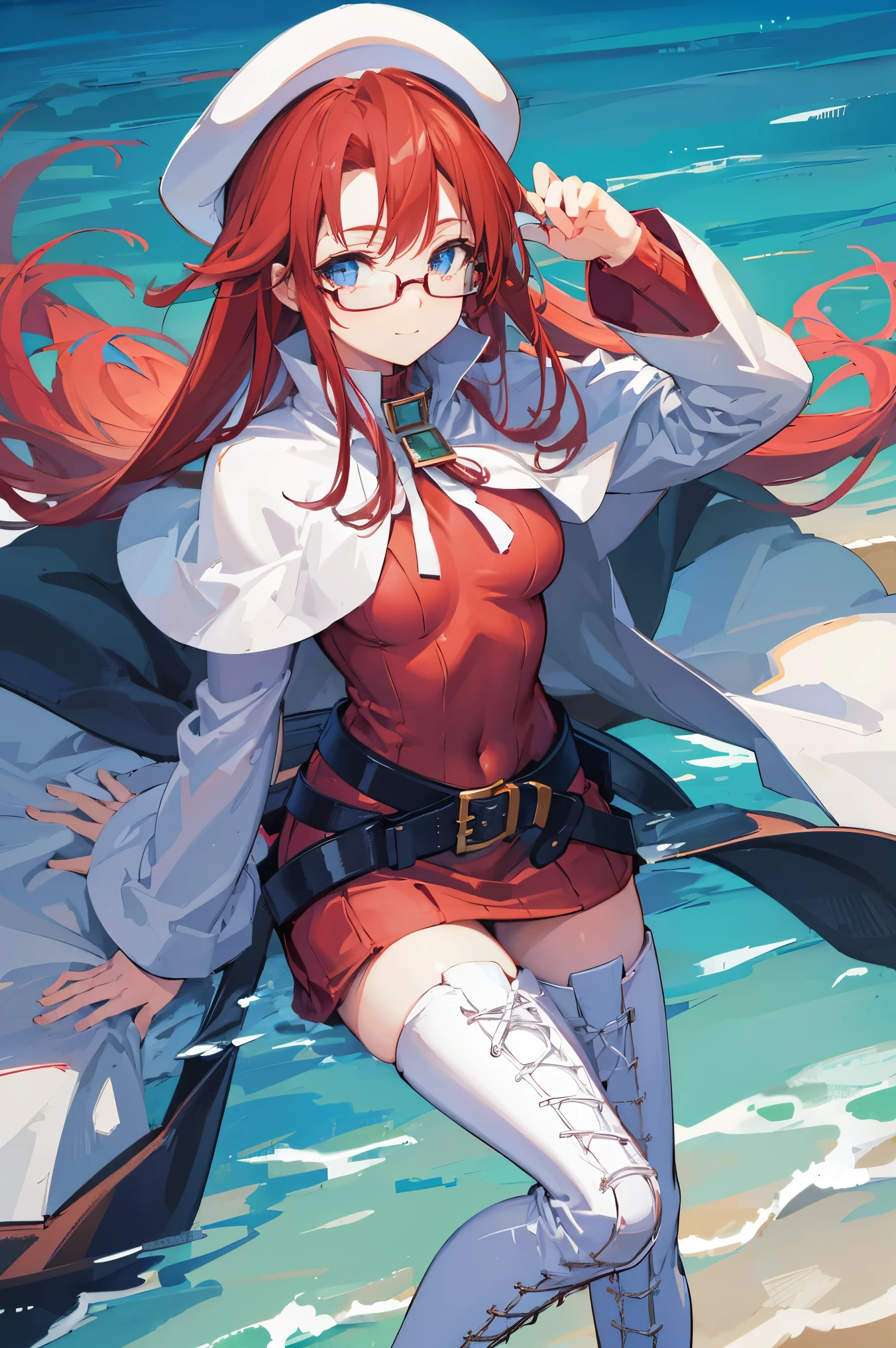 summonnightaty, aty, (young:1.3),long hair, blue eyes, red hair, big_berets, hat, glasses,
BREAK long hair, thighhighs, hat, dress, boots, glasses, belt, cape, sweater, zettai ryouiki, beret, thigh boots, white footwear, ribbed sweater, loose belt,solo,
BREAK outdoors, fantasy,on_beach,
,Highquality_hads,perfect_fingers,
BREAK (masterpiece:1.2), best quality, high resolution, unity 8k wallpaper, (illustration:0.8), (beautiful detailed eyes:1.6), extremely detailed face, perfect lighting, extremely detailed CG, (perfect hands, perfect anatomy),covered_nipples,covered_navel ,half_eyes,long_sword,sleepy,standing,red_sweater,apart_knees,magical_effect,spread_legs, have_a_book,teacher,rise_knee,Smile,rise_hand,look_down_viewer,spread_arms,sea_waves,looking_into,blue_sky,sitting