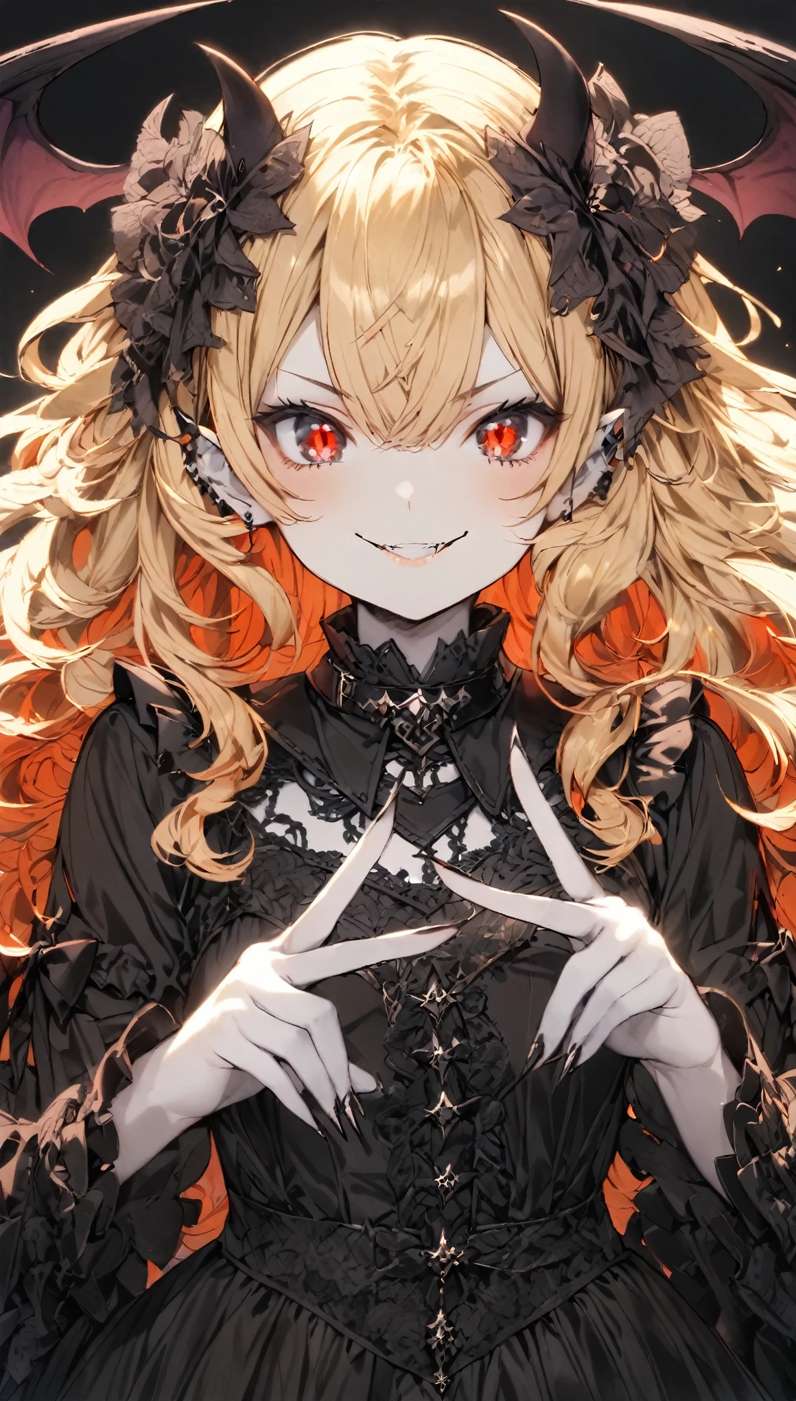 score_9, score_8_up, score_7_up, best quality ,masterpiece, 4k, cowboy shot, ((no hat:1.3)), Japanese anime, 1girl, (white skin:1.2), blonde red hair, wave hair, purple ribbon, (demon wing:1.2), (eye lashes:1.3), (eye shadow:1.3), red eyes, (beautiful detailed eyes:1.4), (evil grin:1.4), 130cm tall, original character, fantasy, (black background:1.2), beautiful fingers, (black lace frill Gothic dress:1.5), (black gorget:1.5) , shoot from front, looking at viewer ,