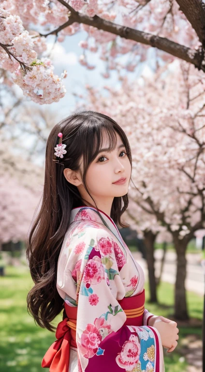 Cute kind-eyed Japan kimono under cherry tree