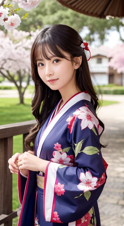 Cute kind-eyed Japan  kimono under cherry tree