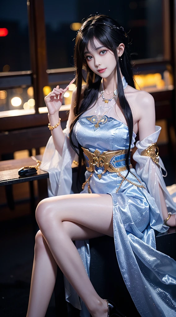 yinziping,cheongsam,((whole body)), ((Shot from random angles)), ((Sitting)), ((In class, Sitting on the podium)), (yushuxin,1 girl,Solitary), Clear face, Pretty Face, 8K, masterpiece, original photo, best quality, detail:1.2,lifelike, detail, Very detailed, CG, Unity, wallpaper, Depth of Field, light, lens flare, Ray tracing, (extremely beautiful face, Beautiful lips, beautiful eyes), complicated, detail的脸, ((ultra detailed skin)), 1 girl, in the darkness, Deep Shadows, Beautiful korean girl, Korean Idol,(Very slim figure:1.3), Full breasts, Large Breasts, Slender sexy legs, Very beautiful legs, Elegant Posture, (A big smile), (City night, (Neon), (night), Beautiful korean girl, White Diamond Earrings, diameter bracelet, Deya Necklace, Clear eyes, (big eyes),White Silk