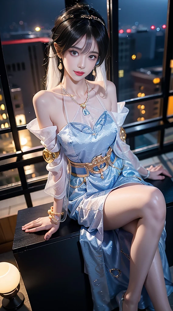 yinziping,cheongsam,((whole body)), ((Shot from random angles)), ((Sitting)), ((In class, Sitting on the podium)), (yushuxin,1 girl,Solitary), Clear face, Pretty Face, 8K, masterpiece, original photo, best quality, detail:1.2,lifelike, detail, Very detailed, CG, Unity, wallpaper, Depth of Field, light, lens flare, Ray tracing, (extremely beautiful face, Beautiful lips, beautiful eyes), complicated, detail的脸, ((ultra detailed skin)), 1 girl, in the darkness, Deep Shadows, Beautiful korean girl, Korean Idol,(Very slim figure:1.3), Full breasts, Large Breasts, Slender sexy legs, Very beautiful legs, Elegant Posture, (A big smile), (City night, (Neon), (night), Beautiful korean girl, White Diamond Earrings, diameter bracelet, Deya Necklace, Clear eyes, (big eyes),White Silk