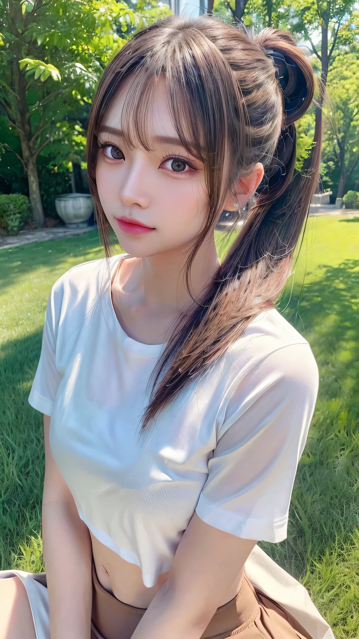 Black underwear shows through the white T-shirt,jeans,outdoors,Urban Park,On the lawn,Outdoor,Close-up of face,Outdoor,Blushing,Facing forward,,Long hair ponytail,((8K, Raw photo, Best Quality, Mastepiece:1.2), (Realism, Photorealistic:1.4), (Highly detailed 8k wallpaper), Depth of written boundary, Cinematic Lighting, Soft Light, Detailed Beauty Eye,Shiny and smooth light brown ponytail, Asymmetrical bangs, Shiny skin, Ultra-detailed skins ,It is high resolution., High detail, Detailed hairstyle, Detailed facial beauty, Hyper-realistic, Perfect limbs, Perfect Anatomy ,1 Japanese girl,Famous Japanese Idols, Perfect female body,A shy smile,Short eyelashes,Double-edged eyelids,Look straight here,Hair style: ponytail,