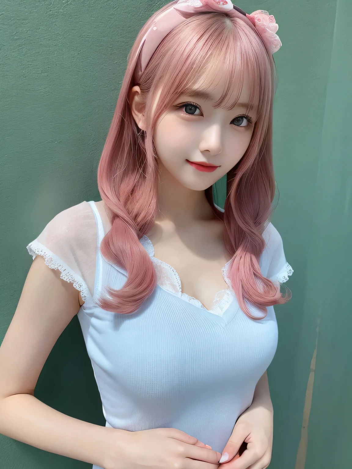 highest quality, figure, Pink Hair、sexy、slender、Pink tie、Open front pink shirt、Red exy、Shapely small breasts、sexy、sexy、Very detailed, Fine details,Slim body、slender、Japanese girl、 High resolution, 8k,wallpaper, Perfect dynamic composition, Beautiful fine details, Short Twin Tails、Big Natural Color Lip, smile、Cold Stare,15-year-old girl、Cute type、Lolita、Good Eyes、whole body,Light blue wall,Sexy thighs are visible、