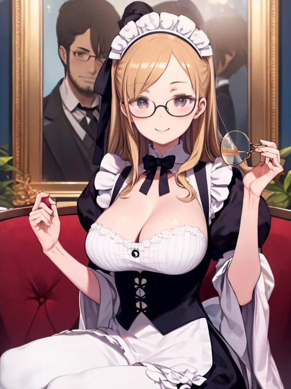 highest quality、Maid Woman、Inside a magnificent European mansion、(glasses、Monocle)、Smiling、Big Breasts、