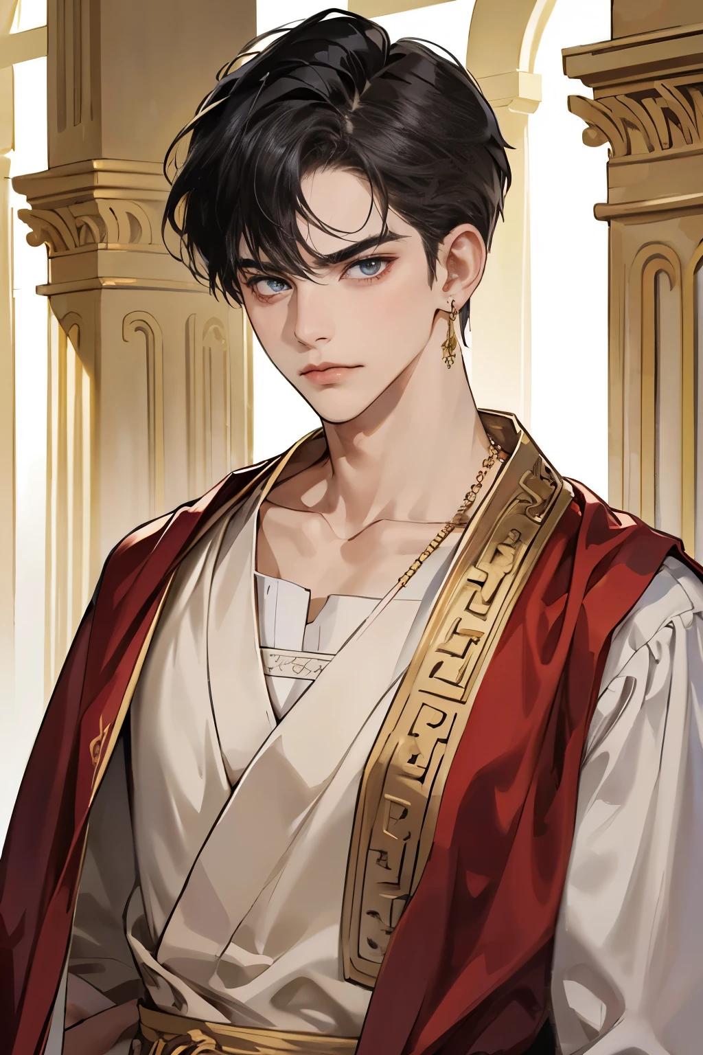 1 boy, looking at viewer, wearing an ancient Roman toga, ancient Greek clothing, Roman aristocracy, Gold jewelry, earrings, necklaces, frowning, Silk robes, Roman architecture, upper body, Showing the collarbone, masterpiece, European face,
