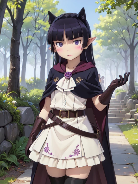 ((ruri gokou)), One girl, blush, Black Hair, Mole, Mole under eye, Hime cut, Elf, ((dark elf)), (Long ears), wood々In harmony with, (Fairy), magic, Robe, Mid-length skirt, Archer, Forest People, longbows, magic, wood々Spirits of, elven robe, hood, cloak, dark tunic, gloves, belt, boots, Lush forest, magicの森,