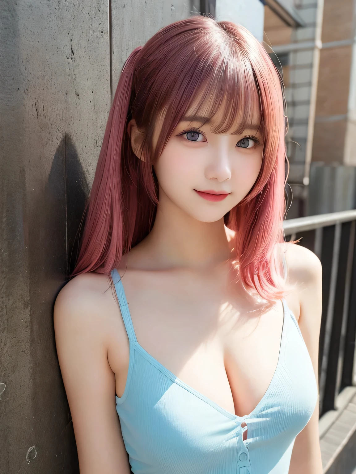 highest quality, figure, Pink Hair、sexy、slender、Pink tie、Open front pink shirt、Red exy、Shapely small breasts、sexy、sexy、Very detailed, Fine details,Slim body、slender、Japanese girl、 High resolution, 8k,wallpaper, Perfect dynamic composition, Beautiful fine details, Short Twin Tails、Big Natural Color Lip, smile、Cold Stare,、Cute type、Lolita、Good Eyesle body,Light blue wall,Sexy thighs are visible、
