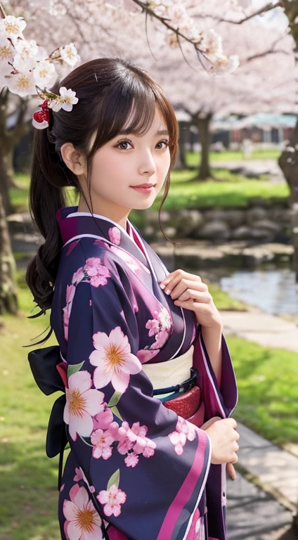 Cute kind-eyed Japan kimono under cherry tree、Cherry blossoms falling like snow