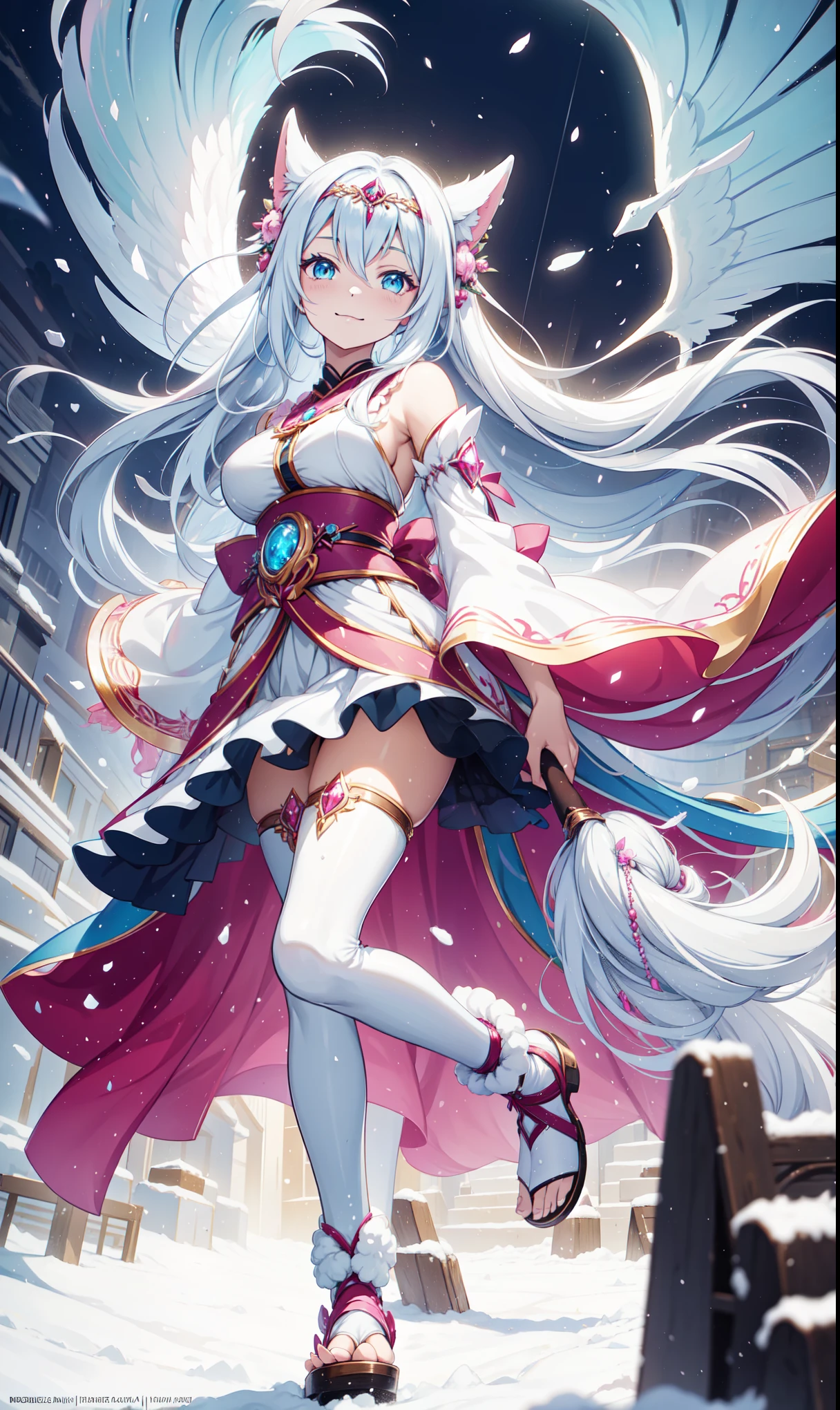 Anime girl with long black hair and pink dress in the snow, White-haired god, Hair floating in the air, Anime fantasy illustration, Flowing white hair, Beautiful young human, Beautiful fantasy anime, Shiny and flowing hair, Ethereal Anime, Beautiful anime artwork, Beautiful digital artwork, Anime Fantasy Artwork, ((Beautiful fantasy princess)), 2. 5 d cgi Anime Fantasy Artwork，super ultra detail，happy，in love