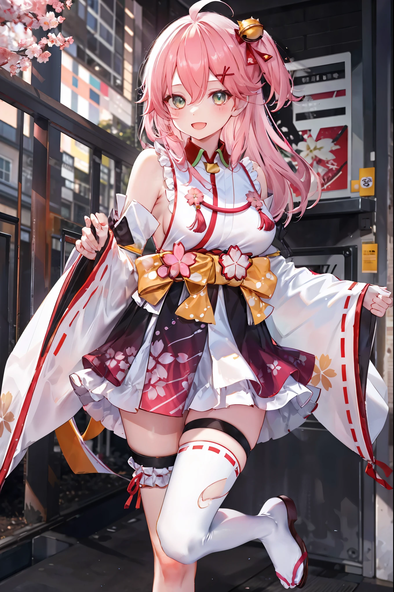 masterpiece, best quality, highres, miko1, sakura_miko, 1girl, big_boobs, solo, ahoge, x_hair_ornament, pink_hair, floral print, hairclip,(side_less_clothes:1.5), (side_boobs:1.5), hair_bell, floral print, long_hair, hair between eyes, one side up, white thighhighs, asymmetrical legwear, wide sleeves, open_mouth,(happy:1.3),gleen_eyes,big_smile,(rise_leg:1.3),plump,apart_legs,(overly_long_sleeves:1.3),),sleeves_past_wrists,hands_hidden_sleeves,sidelock_clothes,dynamic_posing,solo,hidden_wrists,(XD:1.4),covered_nipples,sunlight,cherryblossom_background,