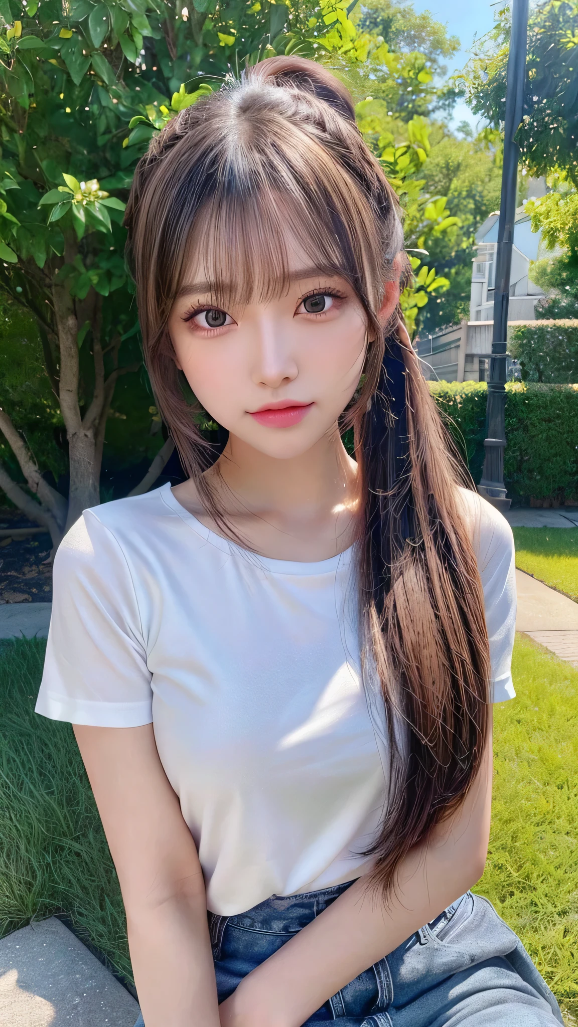 Black underwear shows through the white T-shirt,jeans,outdoors,Urban Park,On the lawn,Outdoor,Close-up of face,Outdoor,Blushing,Facing forward,,Long hair ponytail,((8K, Raw photo, Best Quality, Mastepiece:1.2), (Realism, Photorealistic:1.4), (Highly detailed 8k wallpaper), Depth of written boundary, Cinematic Lighting, Soft Light, Detailed Beauty Eye,Shiny and smooth light brown ponytail, Asymmetrical bangs, Shiny skin, Ultra-detailed skins ,It is high resolution., High detail, Detailed hairstyle, Detailed facial beauty, Hyper-realistic, Perfect limbs, Perfect Anatomy ,1 Japanese girl,Famous Japanese Idols, Perfect female body,A shy smile,Short eyelashes,Double-edged eyelids,Look straight here,Hair style: ponytail,