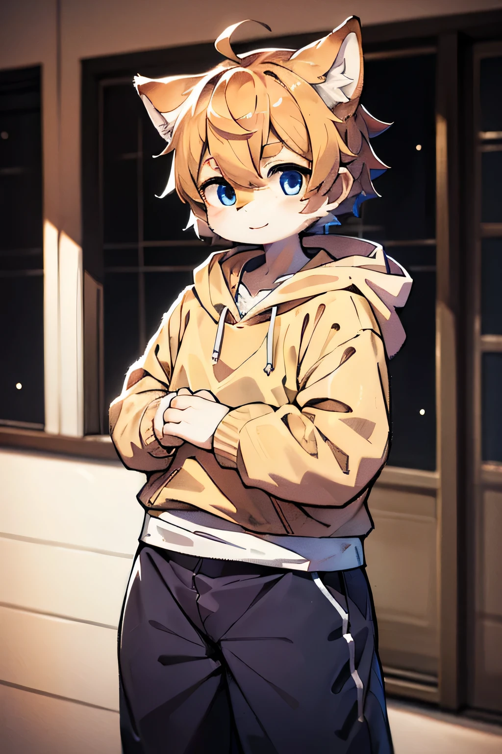 Orange fur Shiba Inu Beastman boy cute hoodie ((Thighs)) fluffy Brown Hair Summer Park Light blue eyes