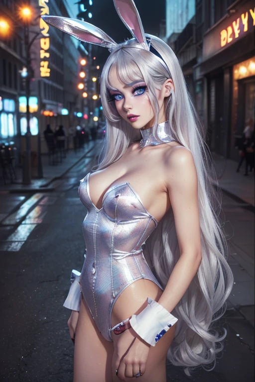 (((medium full shot))), (best quality, ultra-detailed:1.3), (nice hands, perfect hands), official art, cinematic light, (1girl:1.3), ((standing:1.3)),((looking at viewer:1.4)),absurdres,raw photo, (silver hair), (long hair:1.2), blue eyes,((makeup:1.2)), (eyelashes, eyeliner, eyeshadow, eyelashes, long eyelashes), (light red lips),((playboy bunny:1.2)). ((background, street:1.2)),