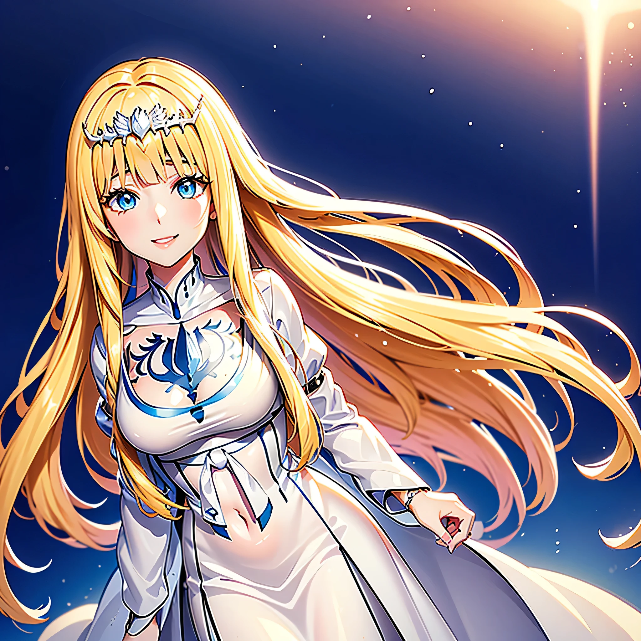  blush, smile, parted lips, first-person view, , anime style, masterpiece,  1girl, solo, Calca, Calca Bessarez, blonde hair, (extremely long hair:1.3), very long hair, white tiara, white dress, blue eyes, medium chest