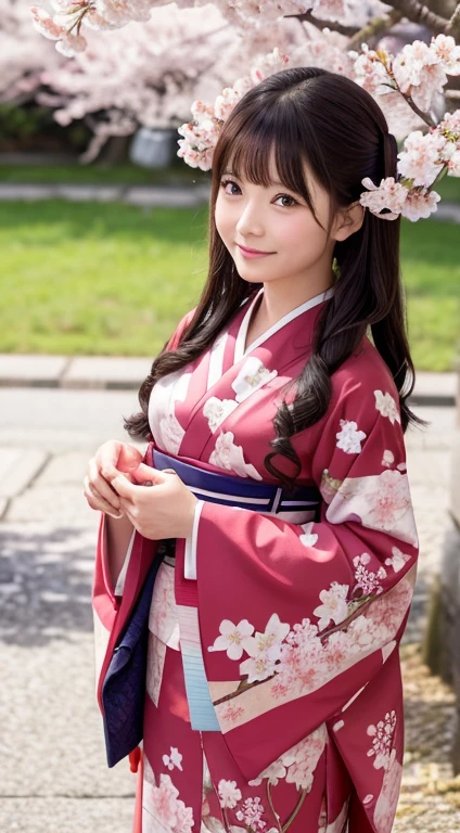 Cute kind-eyed Japan kimono under cherry tree、Cherry blossoms falling like snow