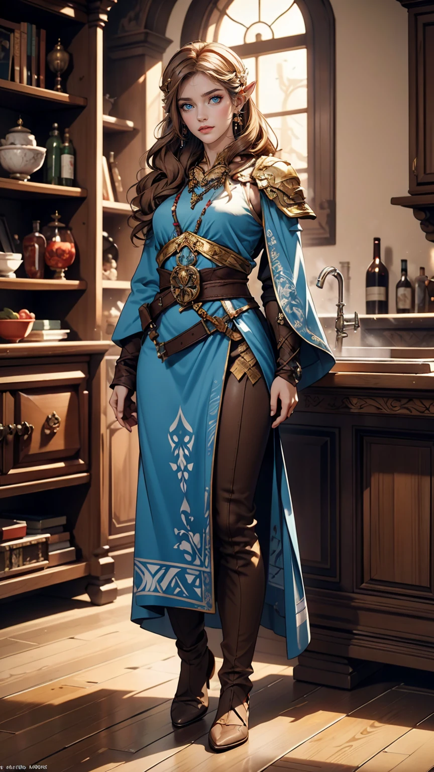 Princess Zelda full body shot, Brown Hair, blue eyes, Dressed as an Assassin's Creed Assassin, white+In gold、whiteいマスクと金色のディテールが施されたフード, XL Bust, Using the Wrist Blade. background: Renaissance city. Unreal Engine 5, anime, anime style, masterpiece, Well drawn eyes, Well-drawn faces, 細部までWell drawn eyes, 細部までWell-drawn faces, 8k, Light and shadow effects.