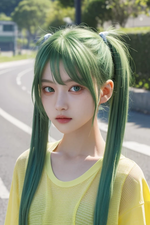 {highest quality}, {{masterpiece}}, {High resolution}, woman,student,School zone,Green Hair,Yellow Mesh,broun eyes,small eyes,Twin tails,Long Shot,On the road