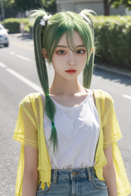 {highest quality}, {{masterpiece}}, {High resolution}, woman,student,School zone,Green Hair,Yellow Mesh,broun eyes,small eyes,Twin tails,Long Shot,On the road