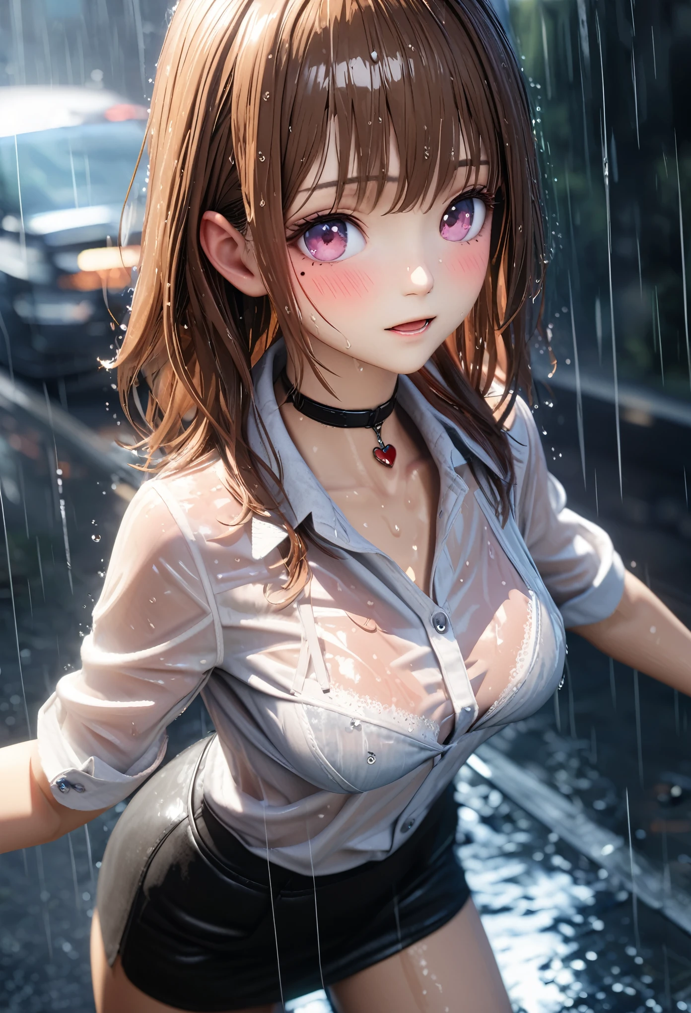 masterpiece, best quality, highly detailed, high resolution, expensive resolution, high resolution, 4K, 8k, Unity 8k wallpaper, highly detailed CG, masterpiece, 2D, 3D, beautiful details, depth, fine texture, best quality: 1.3, perfect focus, clear skin, him, rain, wet, wet clothes: 1.2
Very cute anime girl, (bra visible through white blouse wet with pouring rain, miniskirt), large breasts, expensive brown hair, one girl, rain, (raindrops dripping from wet hair, bra visible through thin blouse wet with rain, miniskirt), mole under eye, looking at viewer, expensive, blush, mole, open lips, heart, pink eyes, choker, white transparent bra