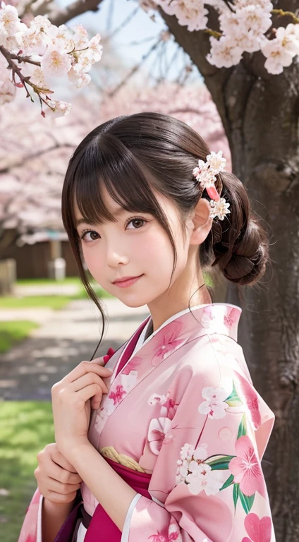 Cute kind-eyed Japan  kimono under cherry tree、Cherry blossoms falling like snow、Cherry blossoms falling on my face