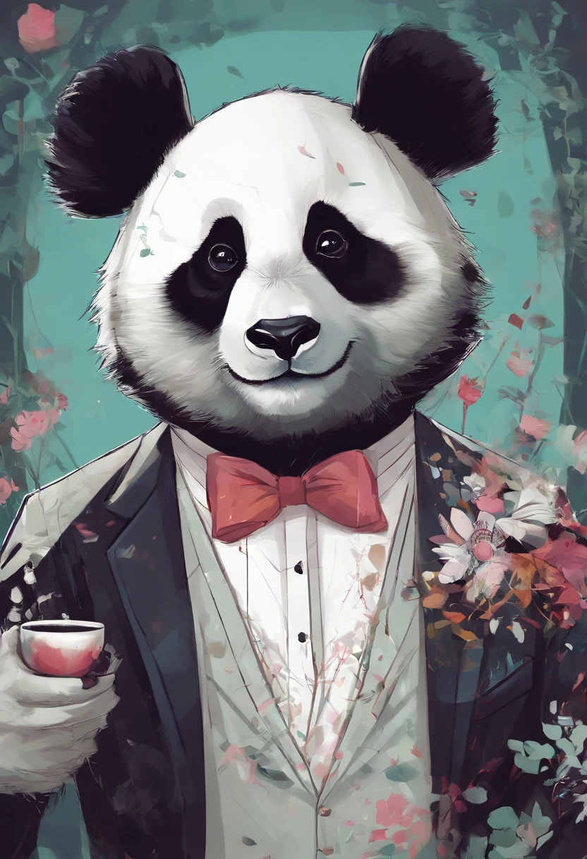 anthropomorphic panda, de cuerpo entero, vestido formalmente con un blazer, sostiene una bandeja, pegatina de panda, sticker de panda.