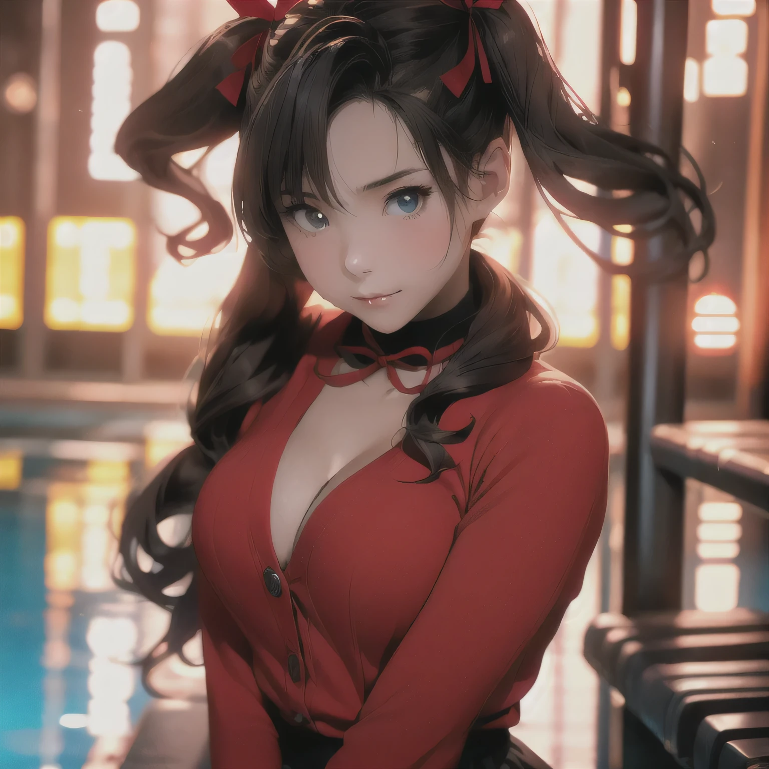 Masterpiece, best quality, 1 beautiful girl, Asian girl, Japanese, detailed eyes, big eyes, double eyelids, puffy eyes, short hair, red cardigan, cleavage visible, (dark hair tied in twin tails with red ribbons: 1.4), beautiful skin, smile, pool, half Japanese half French, black eyes, 18 years old, looking straight ahead, gaze in front, convent, realistic photo, super cute, sexy, slender,