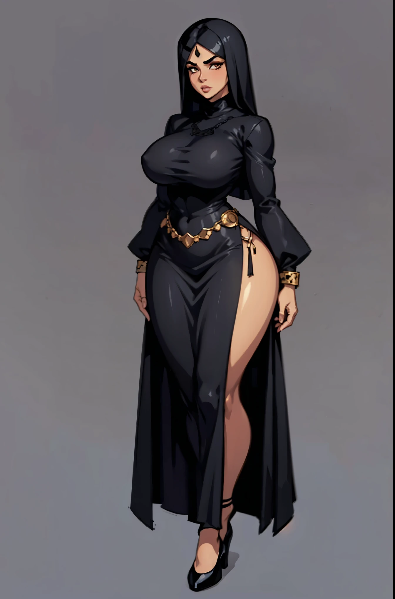 digital art, highly detailed, reference sheet, standing pose, legs spread apart, middle eastern feminine features, mature, adult, dark skin, lined eyes, thick eyebrows, full lips, curvy figure, mature, adult, curvy figure, whole body is completely covered, woman, form-fitting, curvy figure, abaya dress, long sleeves, maxi skirt, ballerina shoes, 1woman, solo, serious, upper body, lower body, ((Extremely Detailed)), ((Best Quality)), ((Masterpiece)), ((4k)),