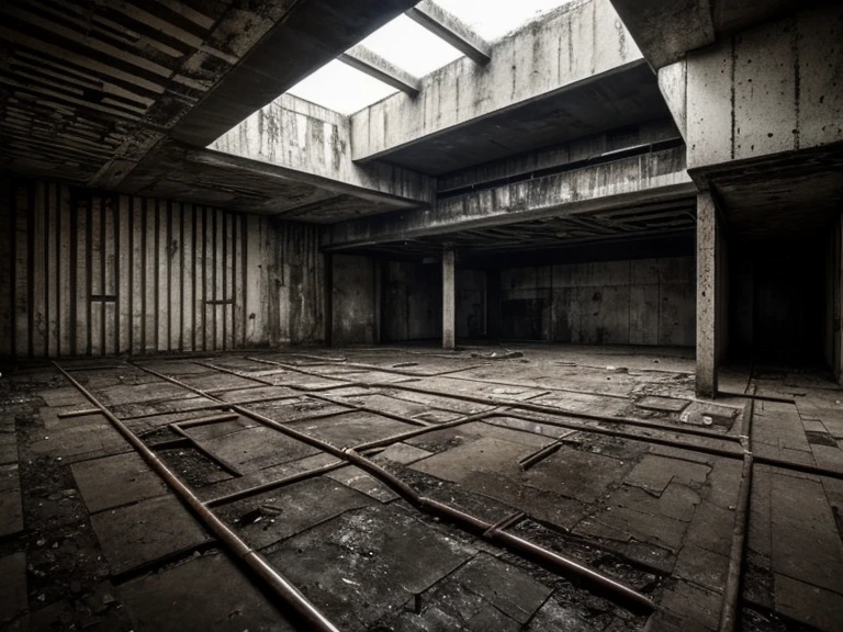 The limit place, Gloomy atmosphere, Abandoned, Backroom, dirty, Brutalist architecture, tension, nostalgic, Giant, labyrinth