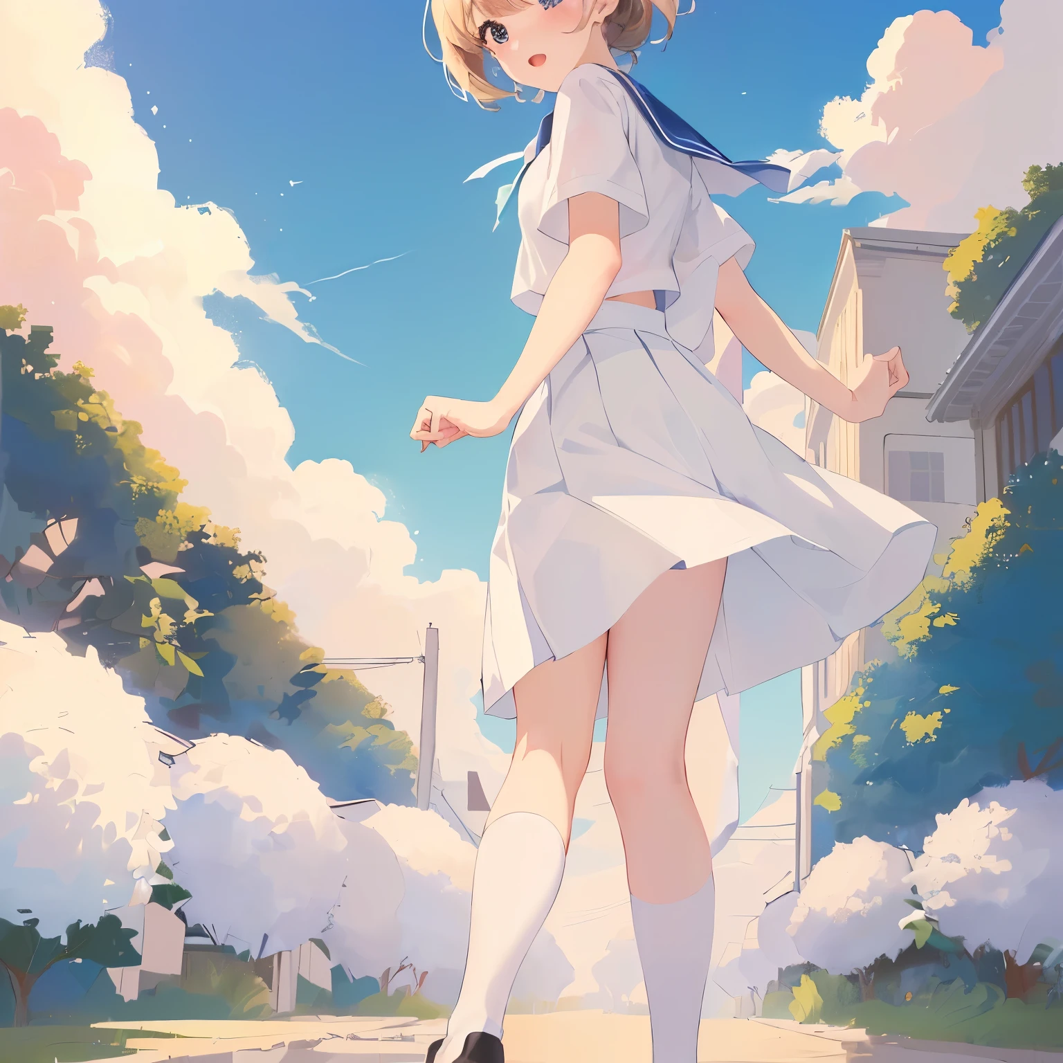 In 8K、highest quality、masterpiece、Super detailed、Ultra-high resolution、Anime Style、1. high school girl、強Wind、、((Holding the flipping skirt with your hand))、(impatient)White cotton panties:1.5), (Wind:1.25), (highest quality:1.0), (masterpiece:1.0), (Ultra-fine illustrations:1.0), Navy Blue Skirt、Lined、