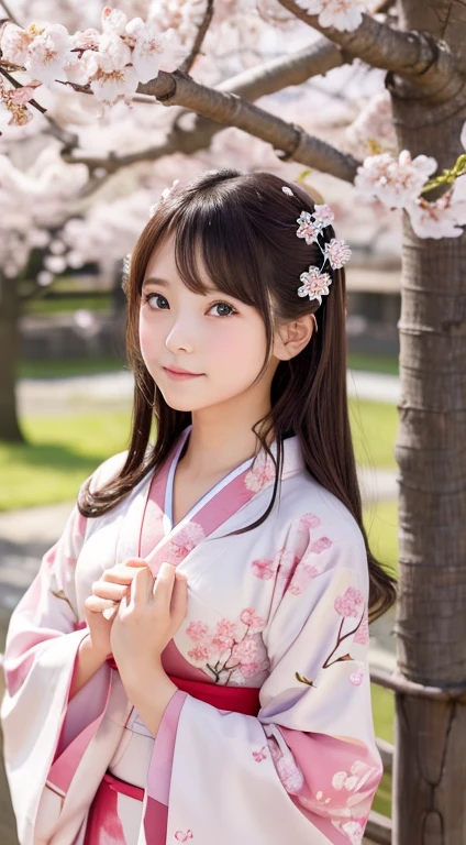 Cute kind-eyed Japan kimono under cherry tree、Cherry blossoms falling like snow、Cherry blossoms falling on my face