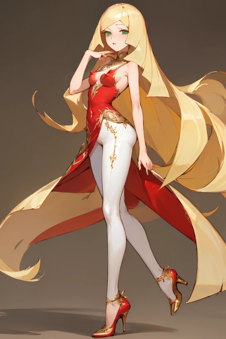 ((highest quality)), ((masterpiece)), (Familiar), Lusamine,nsfw,thin,Long Blonde Hair,Small breasts,Small breasts,Erect nipples,Adult female,Green Eyes,Slanted Eyes,Sleeveless dress,Gorgeous red dress,Gold embroidery,High heels,Fascinating,White pants
