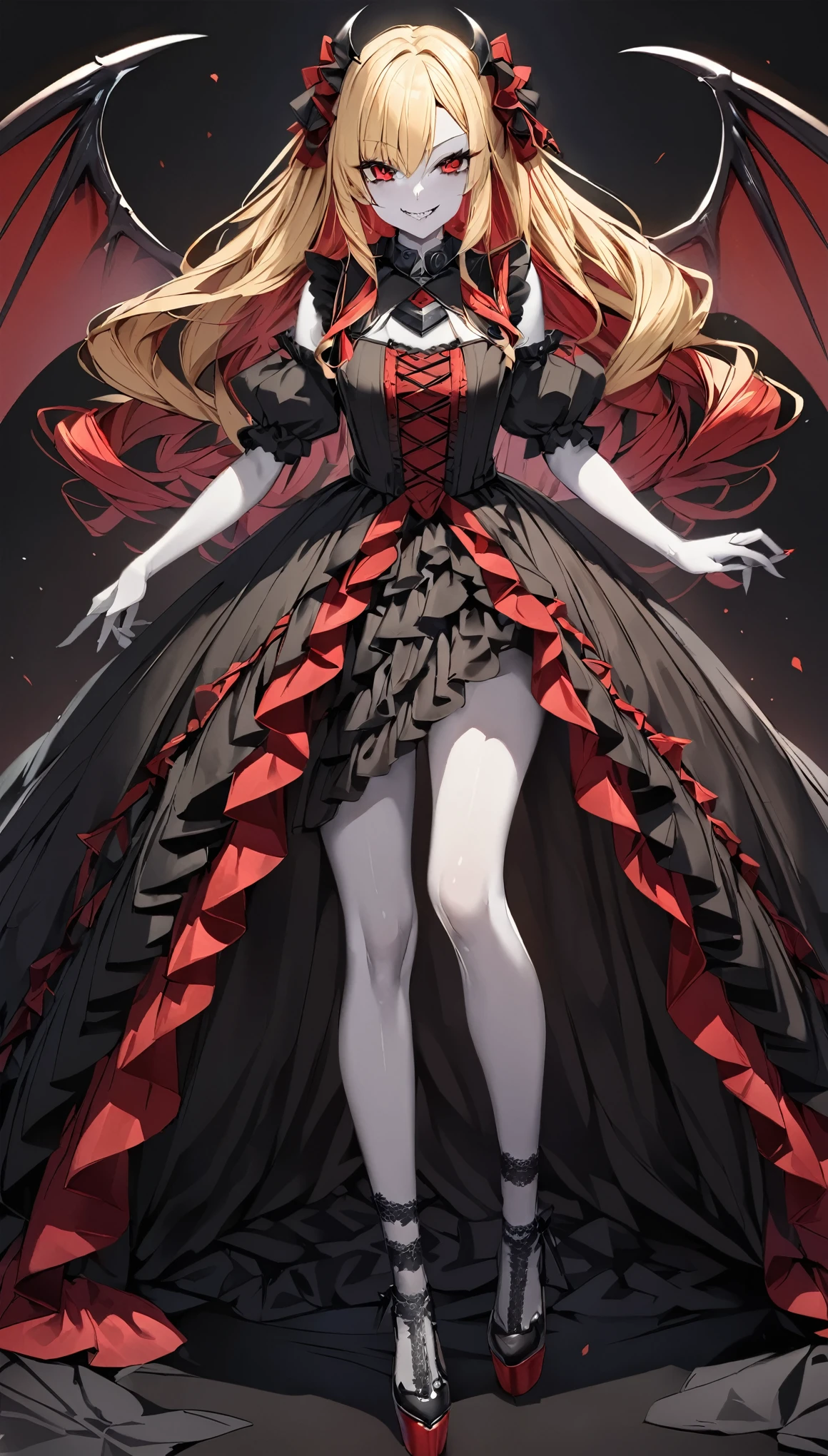 score_9, score_8_up, score_7_up, best quality ,masterpiece, 4k, Japanese anime, 1girl, (white skin:1.2), blonde red hair, wave hair, purple ribbon, (demon wing:1.2), (eye lashes:1.3), (eye shadow:1.3), red eyes, (beautiful detailed eyes:1.4), (evil grin:1.4), 130cm tall, original character, fantasy, (black background:1.2), beautiful fingers, (black red lace frill Gothic dress:1.5), (black gorget:1.5) ,full body shoot from front, looking at viewer  , 