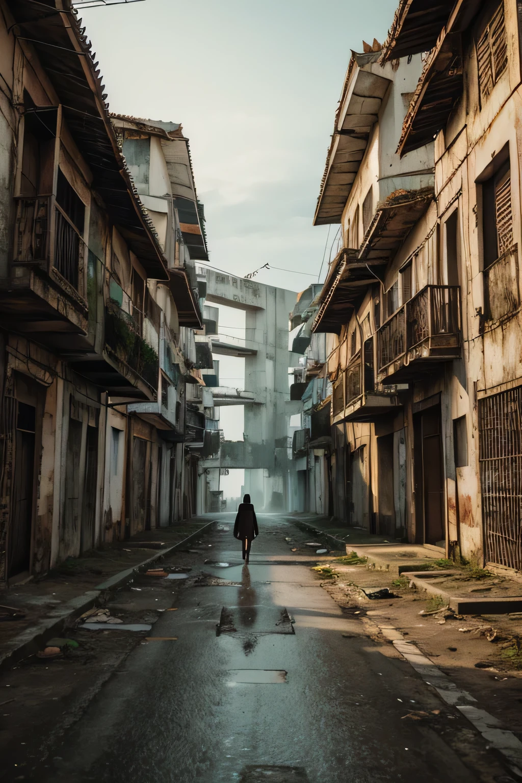Cidade abandonada，The lone walker&#39;s back，Buildings on fire，Dark tone，ruins，Post-apocalyptic wasteland