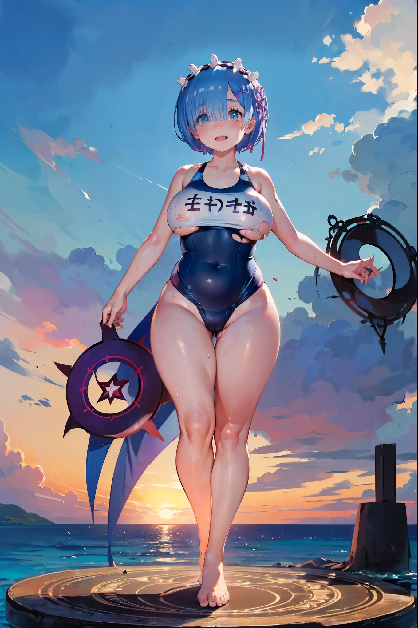 (((((Rem from Re:Zero)))))、((((Super huge breasts))))、(((Plump thighs))、Swimsuit姿、looking at the camera、High qualityHigh quality、8k、((A shy smile and a wink))、(((((Full body description)))))、Low angle camera、Chest、Palm tree、Splash、(((Swimsuit sheer with sweat)))、Fantastic、(((((Tight and torn swimsuit)))))、Aqua-sama、(((((A giant adult Rem))))),Reaching out、looking at the cameraで、barefoot、(((((Ultra small swimsuit)))))、Tall Rem,Swimsuit、Sweat、(((((Super huge magic circle)))))、Sweat it out、Deserted island coast、tropical fish、Palm tree、